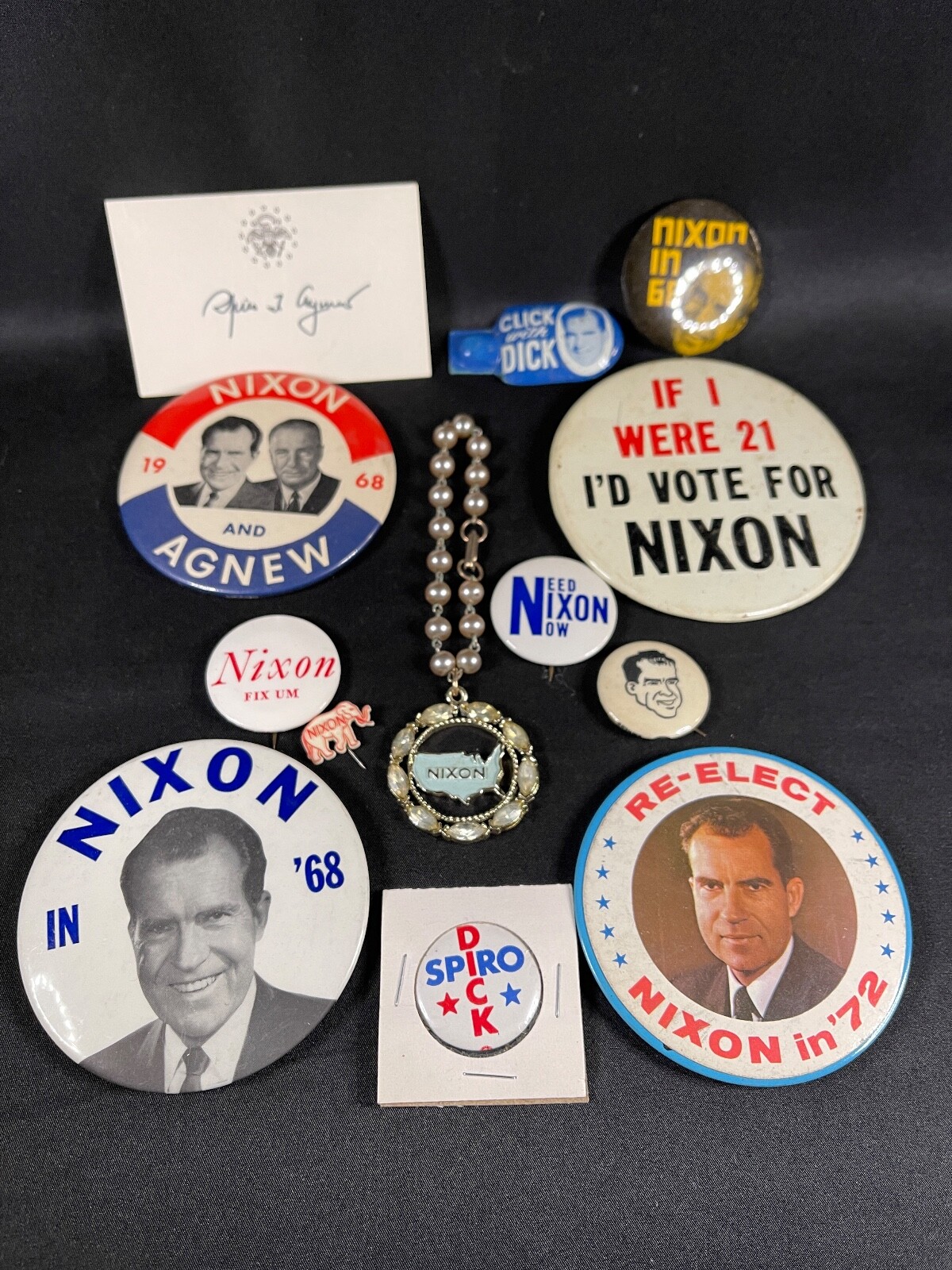 Vintage Nixon Presidential Campaign Pin Button Jewelery Signed Agnew Card 4447