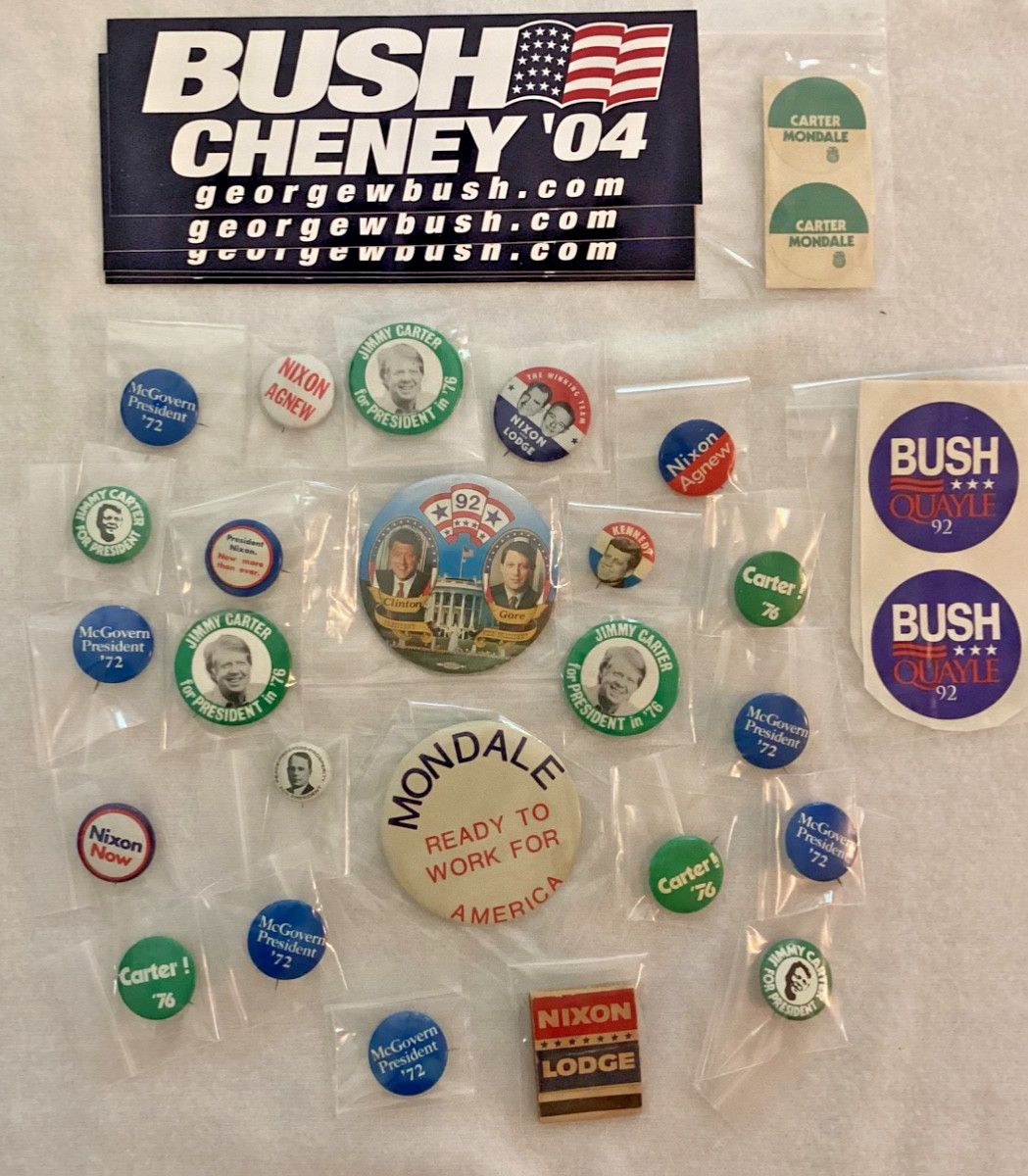 Vtg Political Memorabilia 23 Buttons, 5 Bumper Stickers, 1 Nixon Matchbook