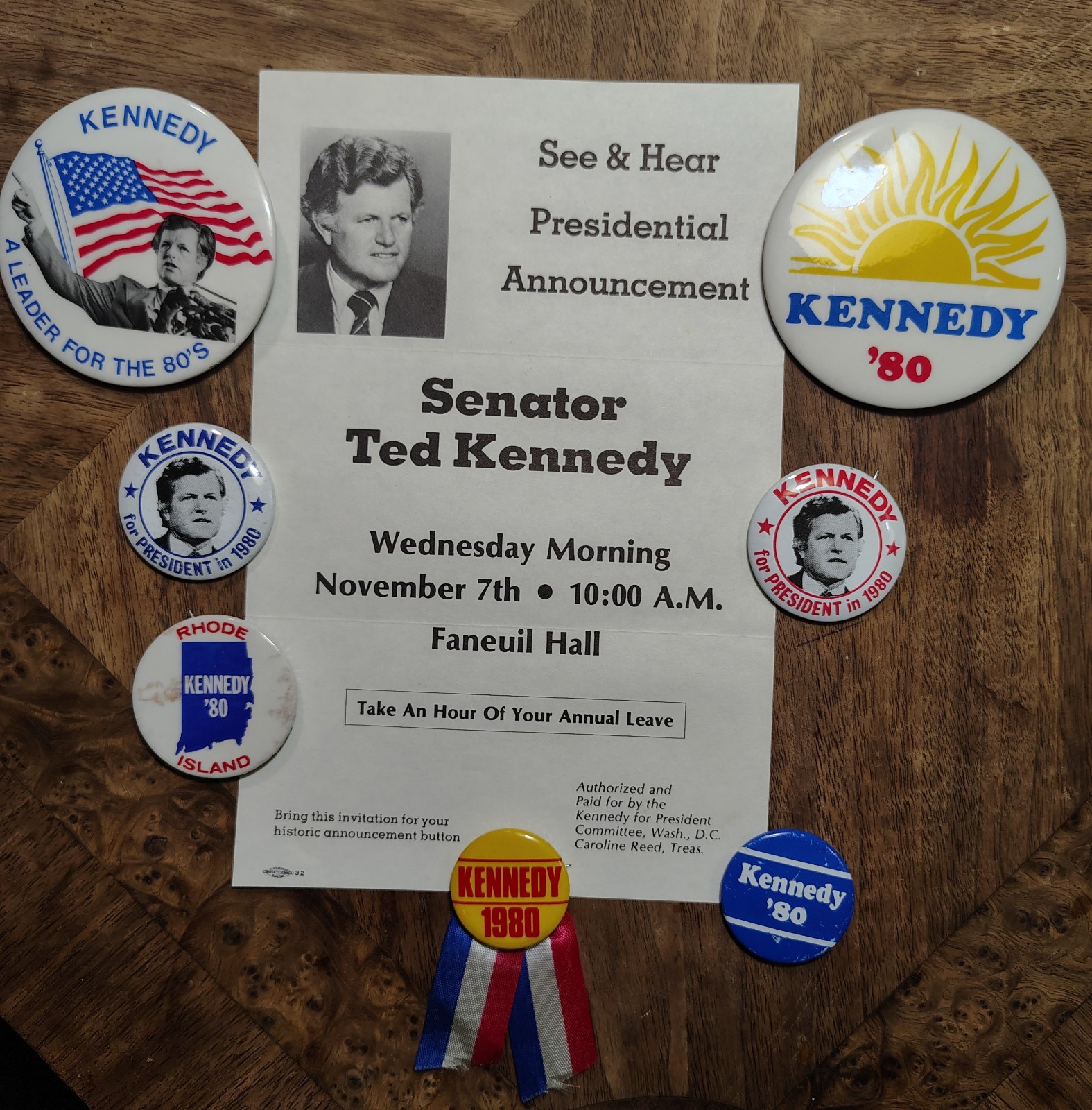 Ted Kennedy Presidential Campaign Pins Lot of 7 + Printed Campaign Leaflet 1980