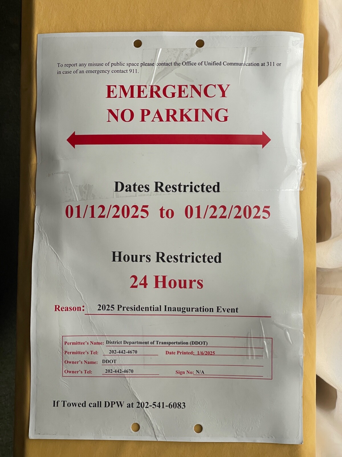 Trump 2025 Inauguration, Washington DC, Temporary No Parking Placard, 12″ X 18″
