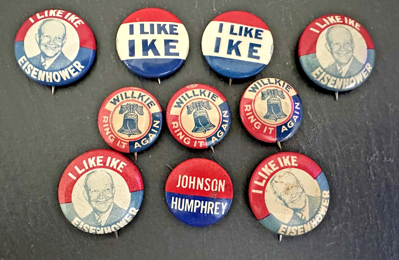 10 US PRESIDENTIAL CAMPAIGN PIN BUTTONS: EISENHOWER, WILLKIE, JOHNSON M92