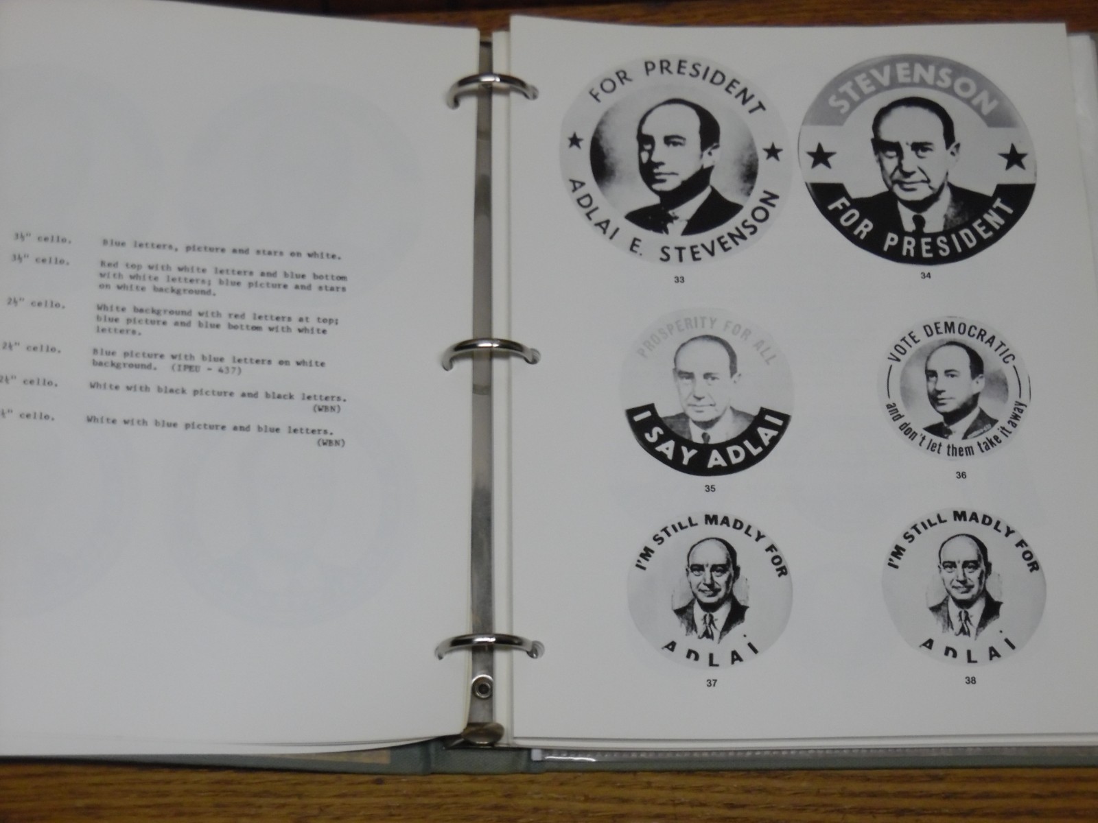 Vintage 1977 APIC Research Project Am. Political Items Binder Adlai E. Stevenson