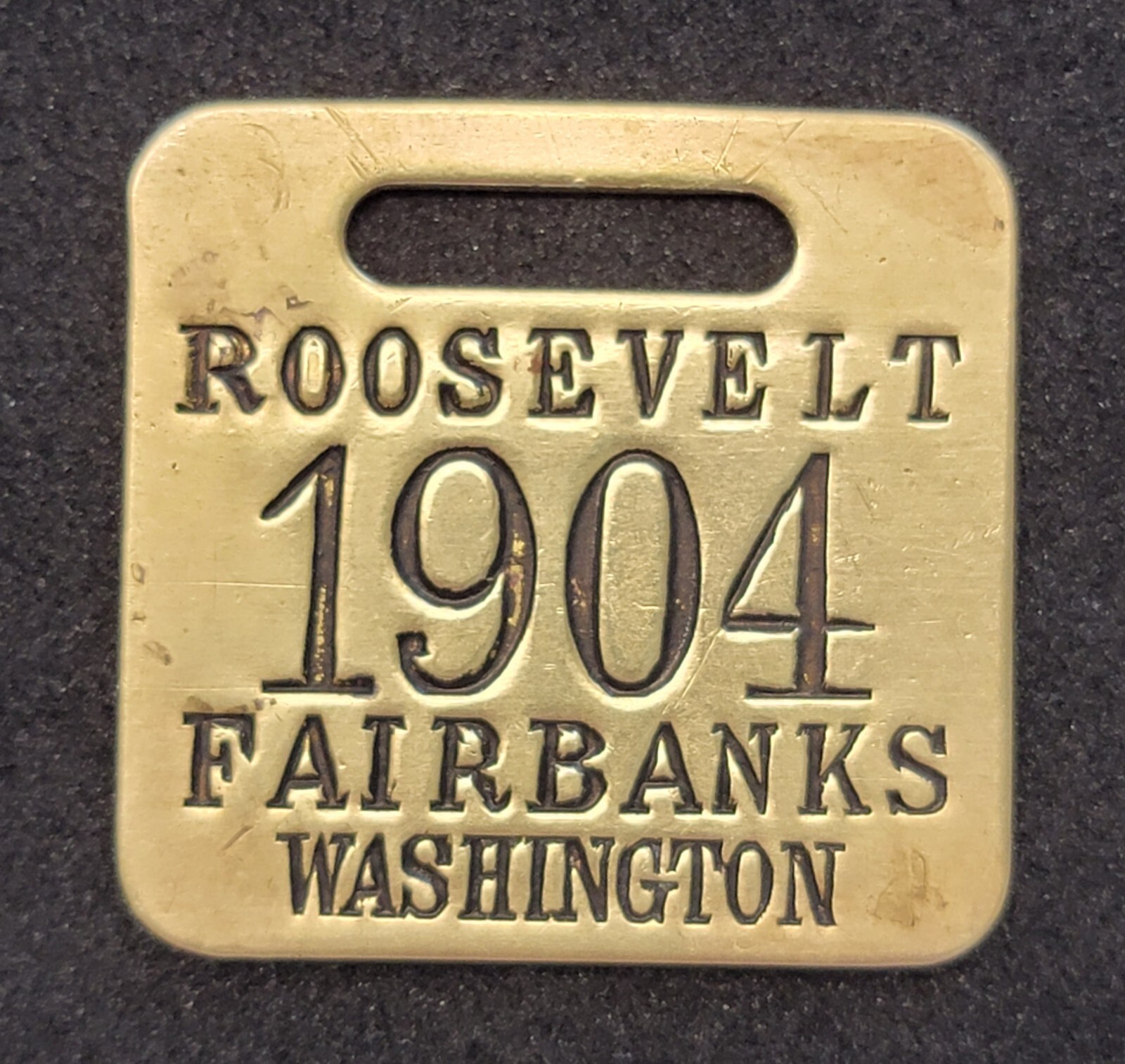 1904 THEODORE ROOSEVELT AND CHARLES FAIRBANKS CAMPAIGN WATCH FOB LUGGAGE TAG