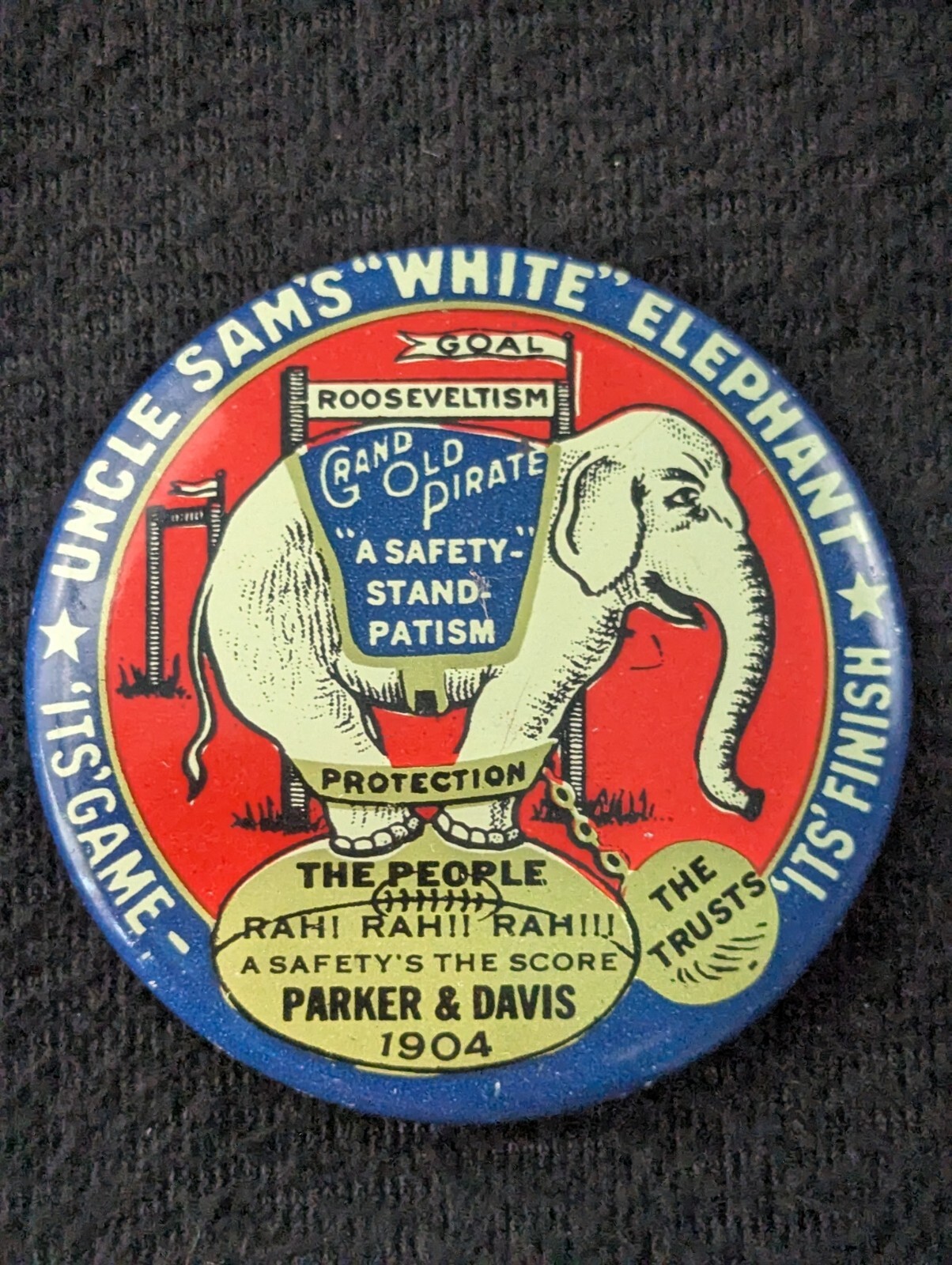 1904 PARKER & DAVIS Uncle Sams White Elephant 1 5/8″ Political Campaign Pin 68′