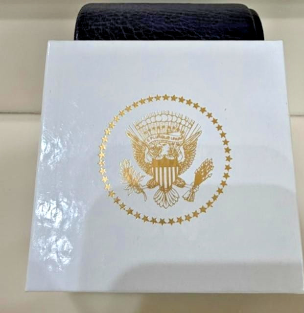 President Donald J. Trump Pencil Holder in Blue Leather with Presidential Seal