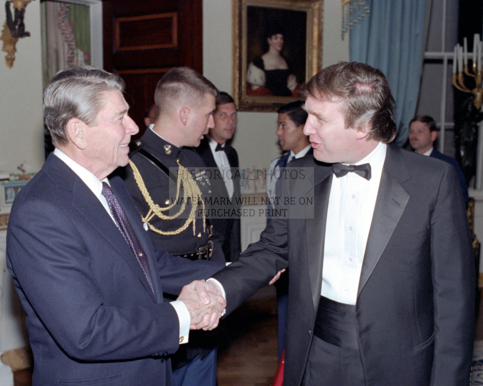 PRESIDENT DONALD TRUMP & RONALD REAGAN SHAKING HANDS 1987 8X10 PHOTOGRAPH