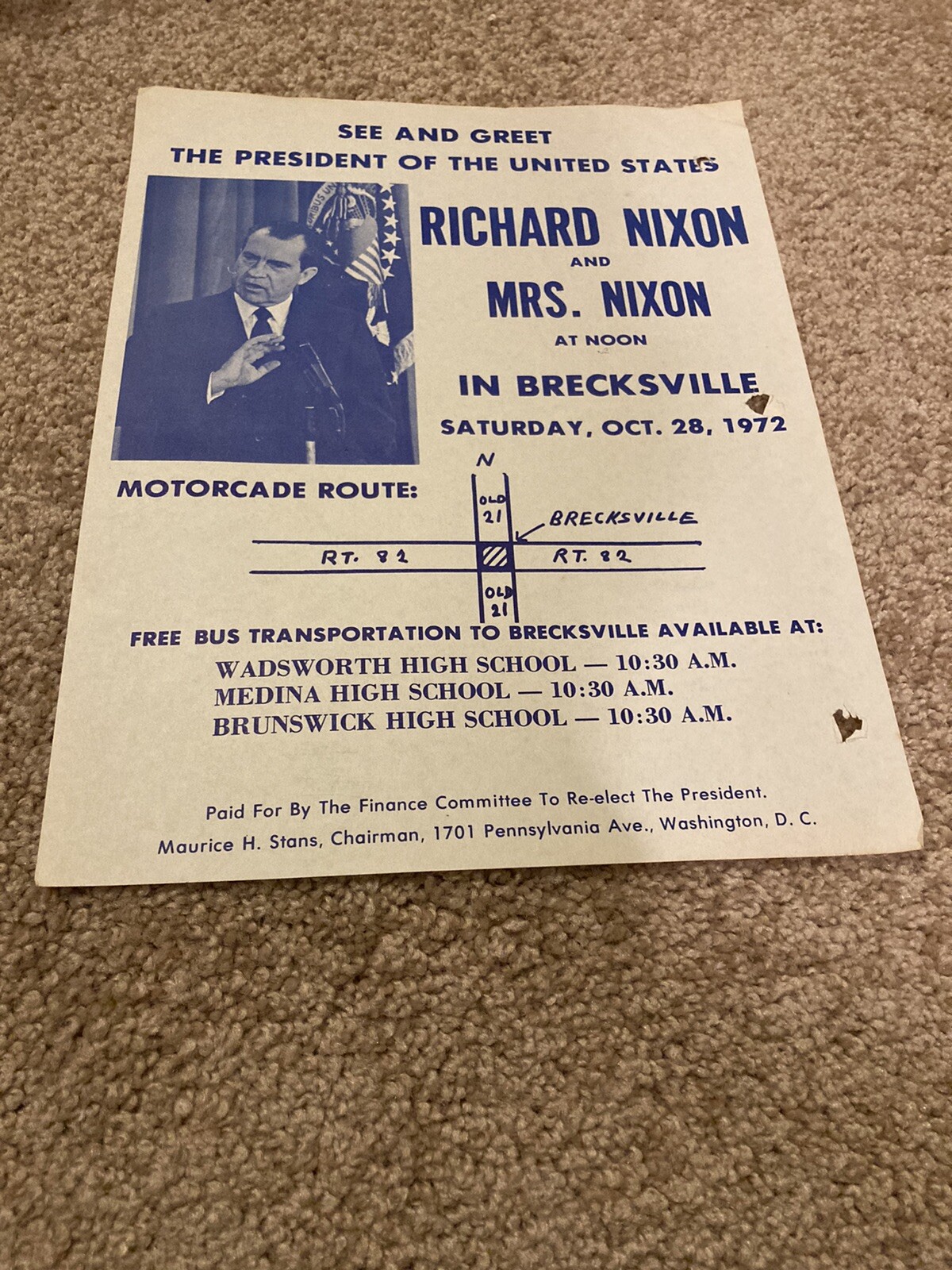 President & Mrs. Nixon Brecksville Ohio Rally – Original 1972 Flyer Handbill