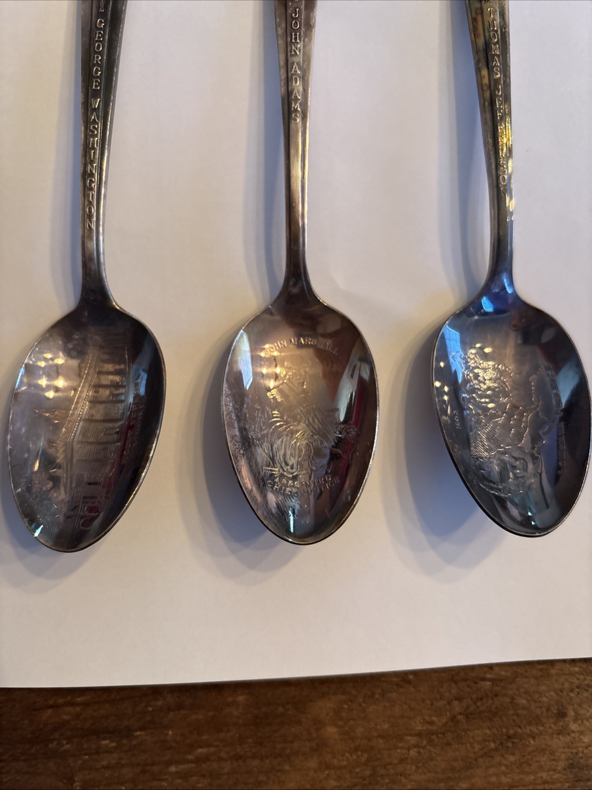 Vintage Presidential Spoon Trio – Washington, Adams, Jefferson – Silverplate Lot