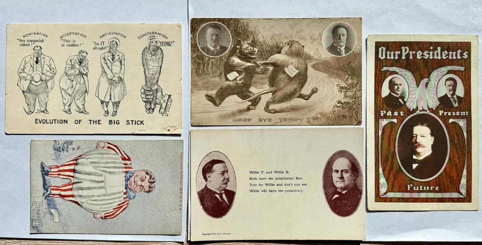 William H. Taft 1908 Postcard Lot 5 Cards – Good Bye Teddy, Big Stick – 4 Unused