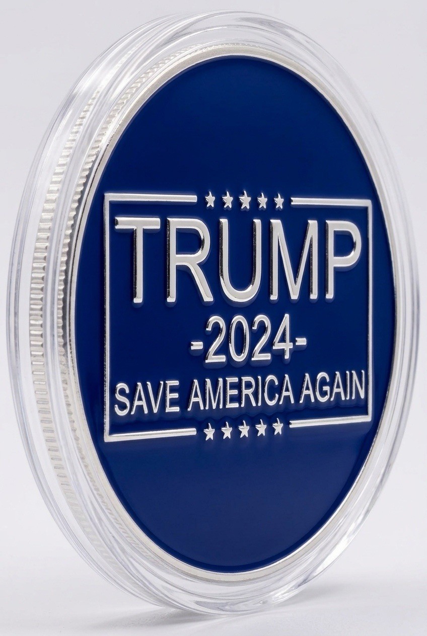 TRUMP CHALLENGE COINS (2) SAVE AMERICA AGAIN GOLD AND SILVER (NEL2082).