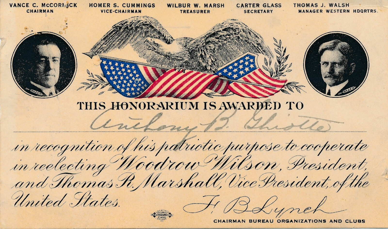 1916 Woodrow Wilson Democratic National Committee Honorarium card