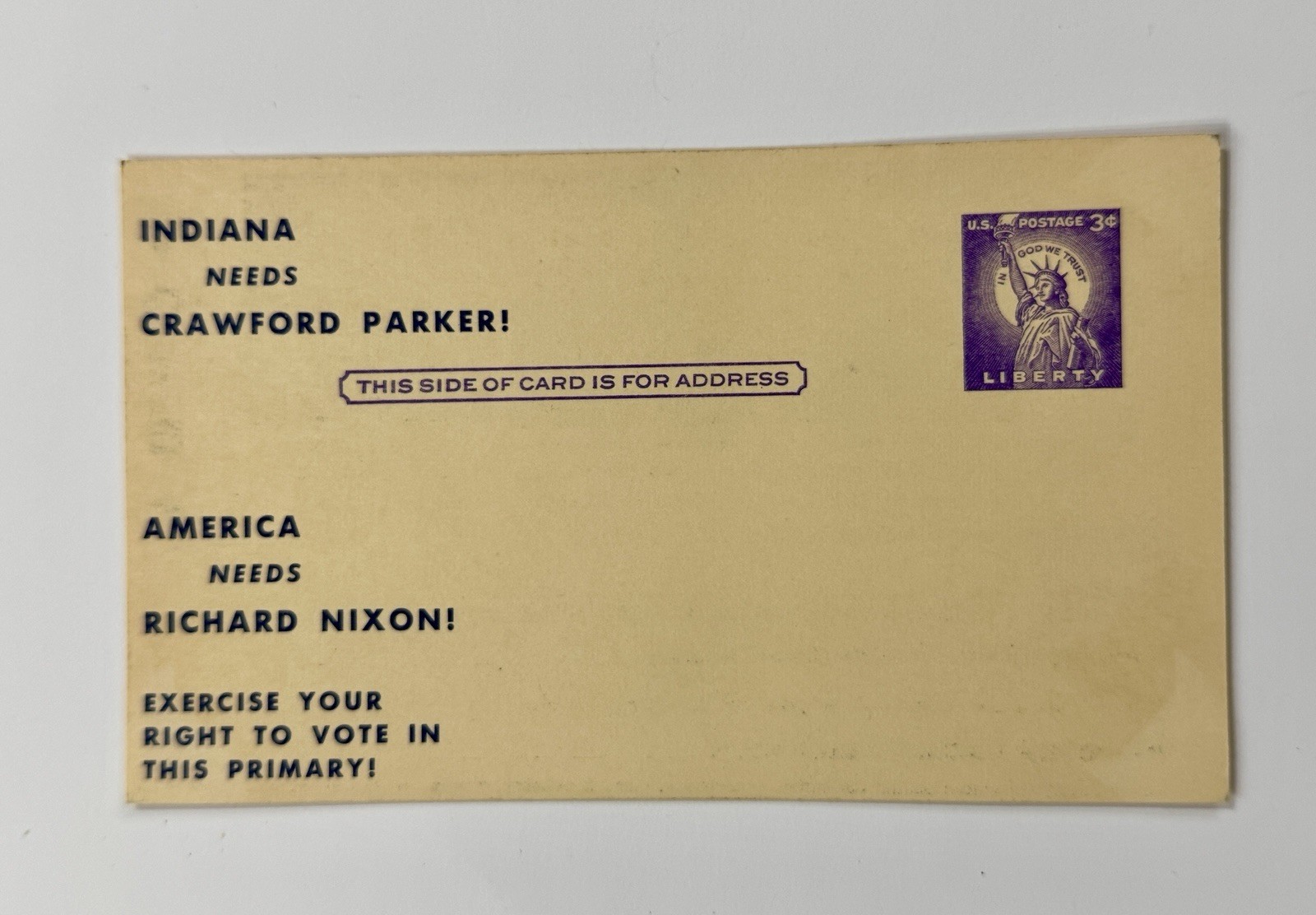 1960 Nixon Indiana Campaign Coattail Local Trigate Campaign Postal Card