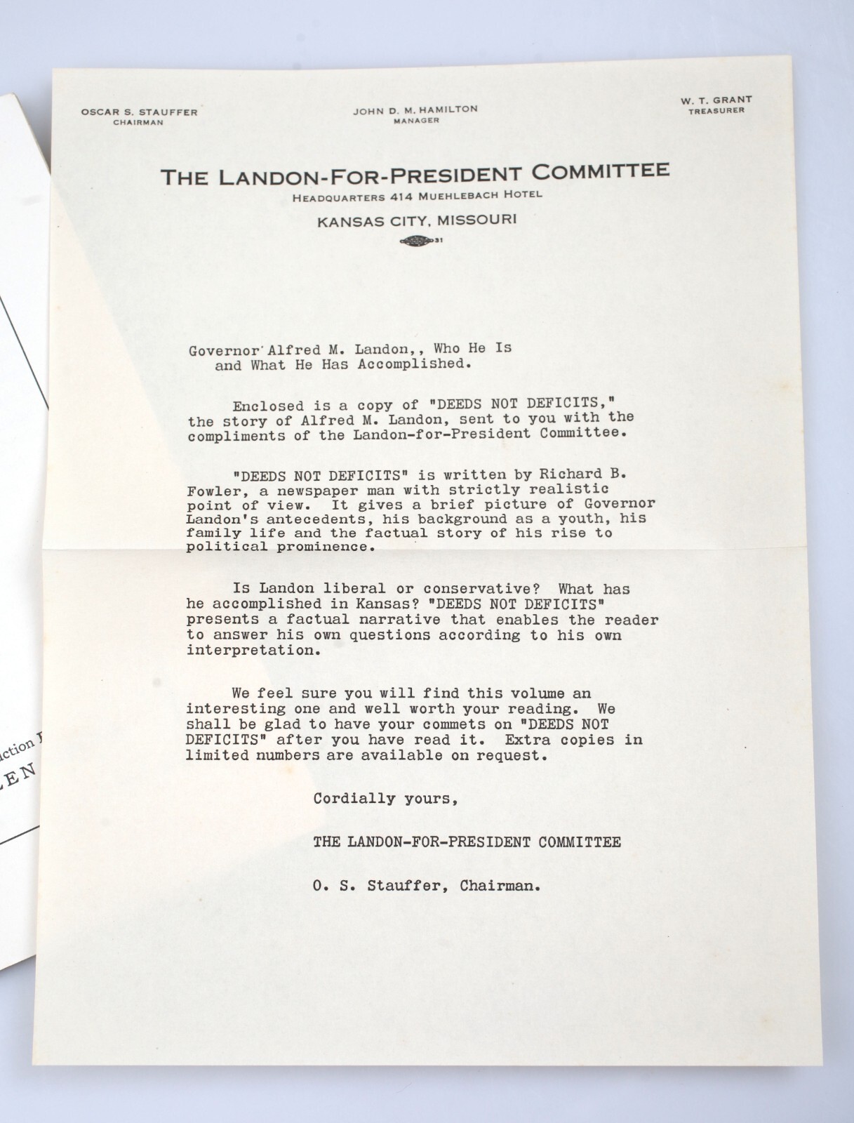 1936 Deeds Not Deficits The Story of Alfred M Landon Presidential Candidate Book