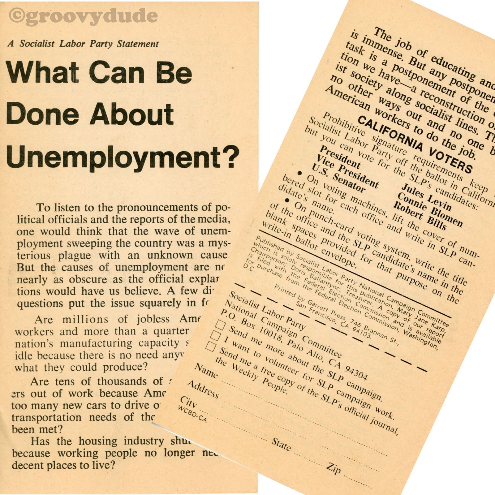 SLP Levin–Blomen-Bills ’76 Socialist Labor Party CA Campaign Tri‑Fold Brochure