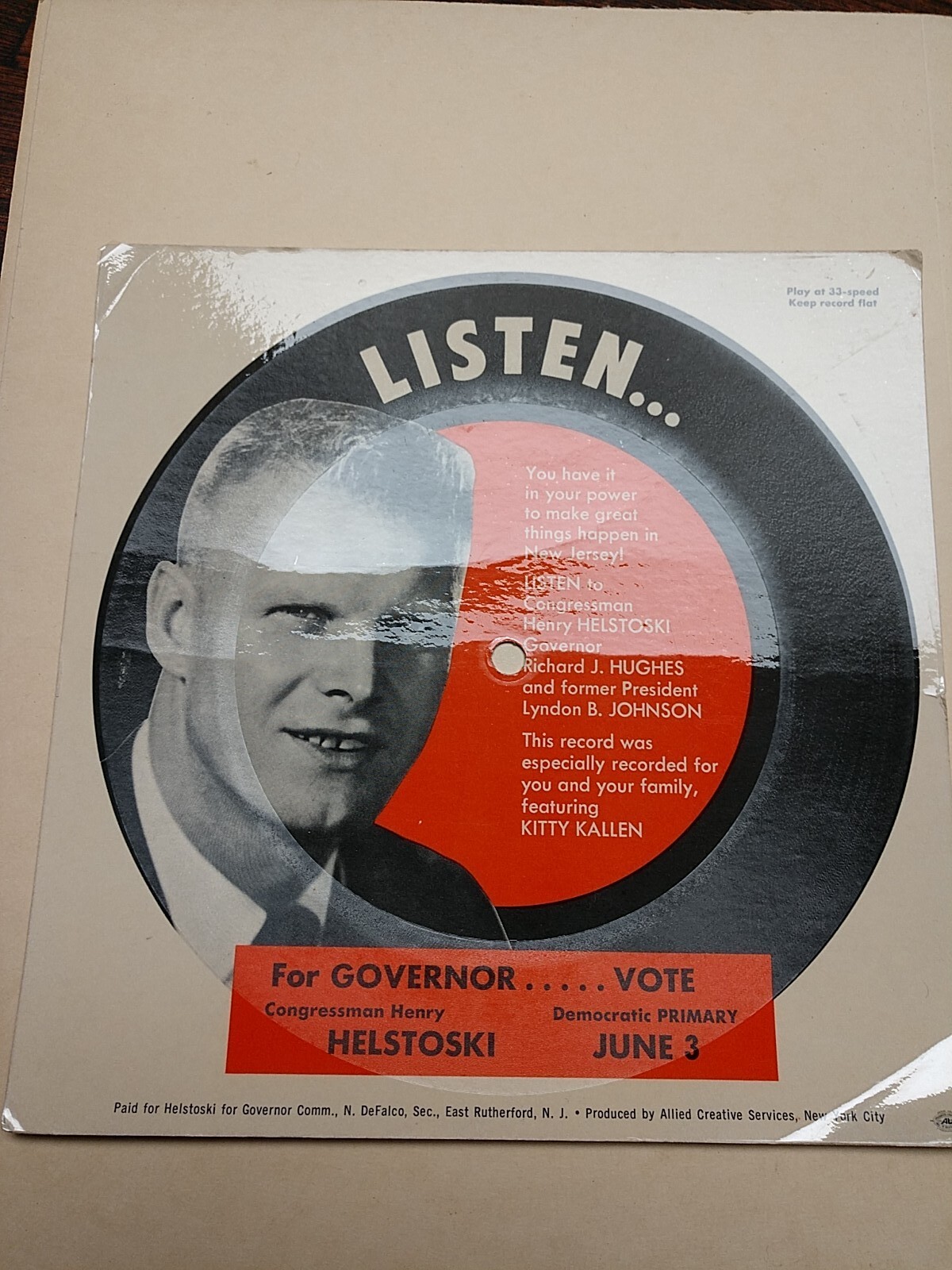 1960’s HENRY HELSTOSKI DEMOCRATIC PRIMARY CAMPAIGN RECORD NEW JERSEY 33 1/3rpm