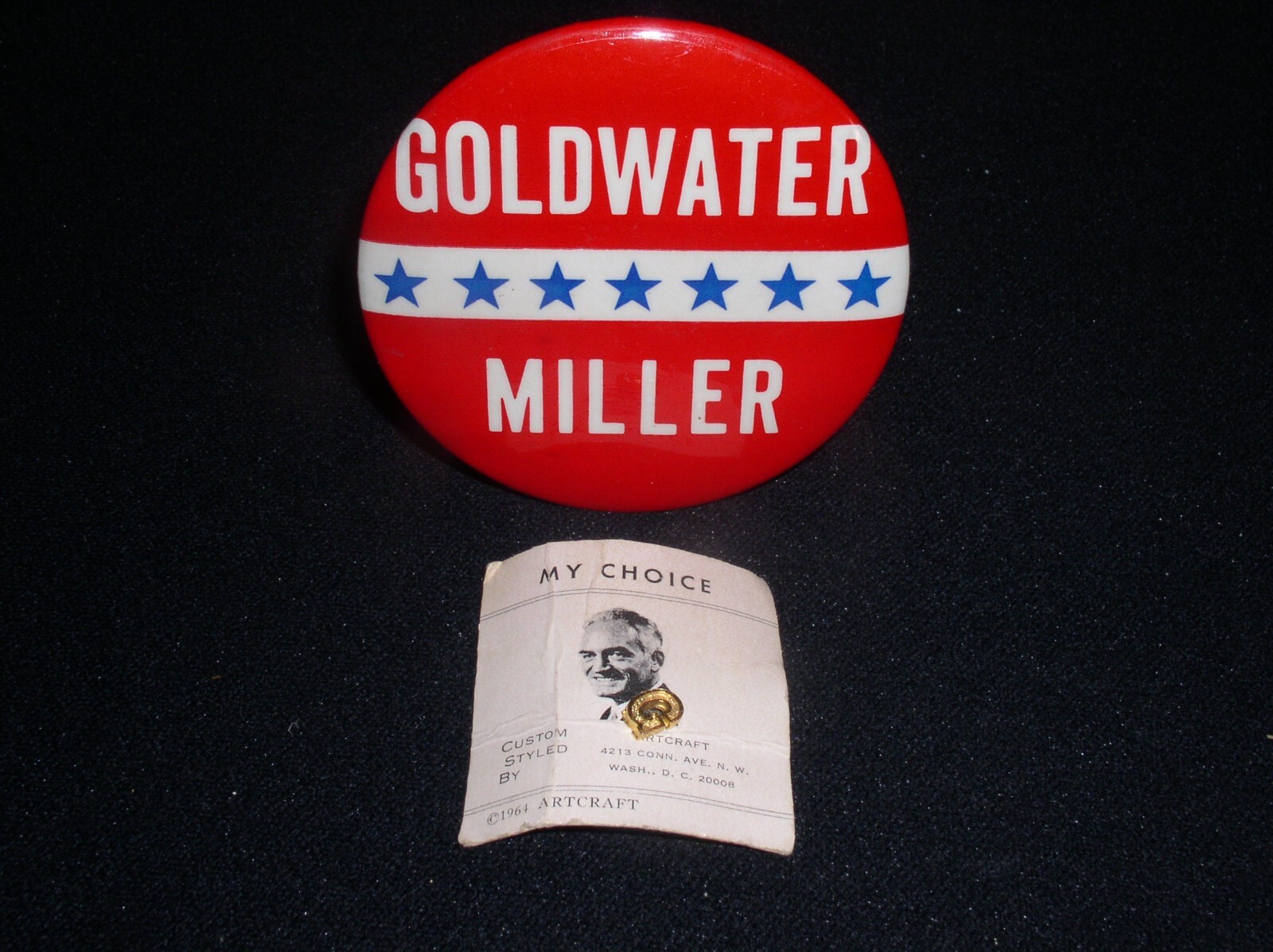 3x Goldwater-Miller ’64 Pres Campaign 3.5″ Pinbacks & Goldwater Carded Lapel Pin