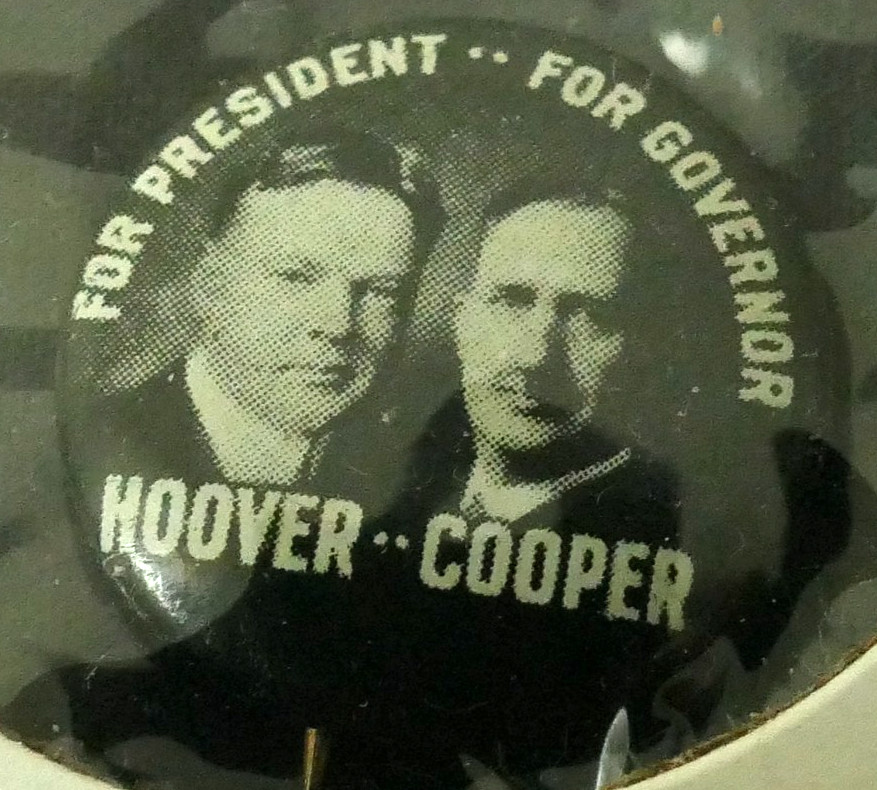 1928 Herbert Hoover For President Myers Cooper For Governor Campaign Button Pin