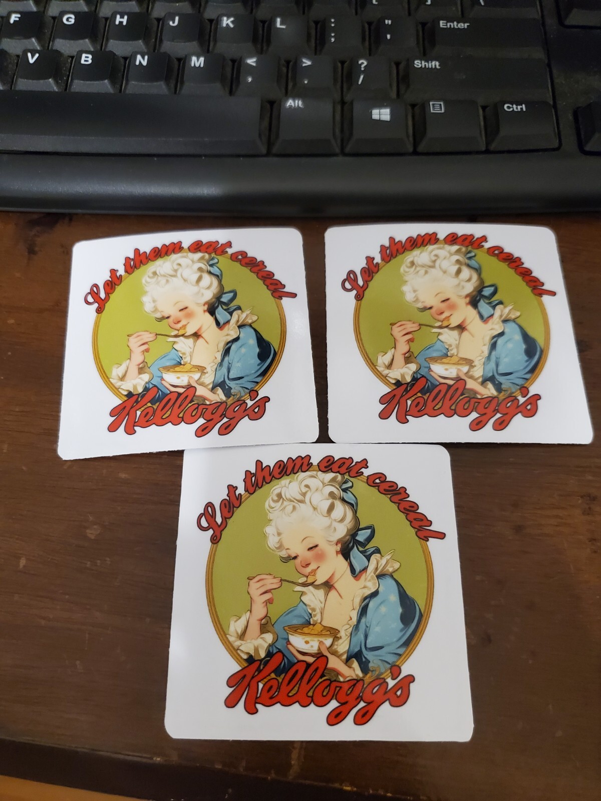 Vintage Retro Looking Kelloggs LET THEM EAT CEREAL stickers (3) 5 YEAR WARRANTY