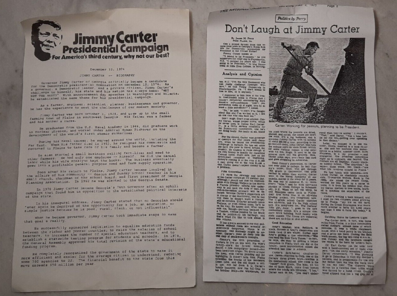 President Jimmy Carter 1976 Election Campaign Early Biography Letter Dec. 1974