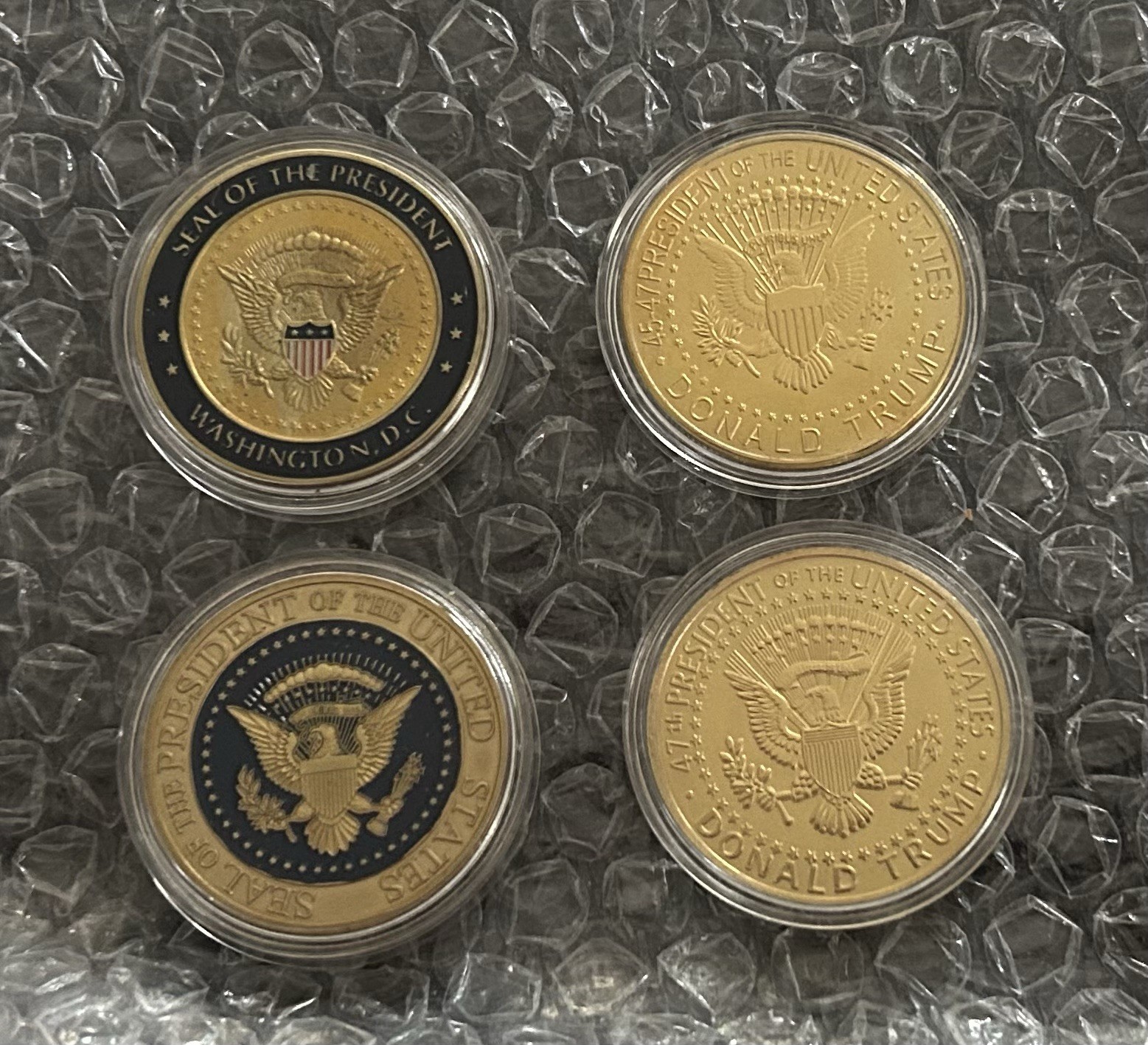 4 TRUMP CHALLENGE COIN GOLD ENAMEL PRESIDENT EAGLE SEAL WOOD BOX REPUBLICAN MAGA