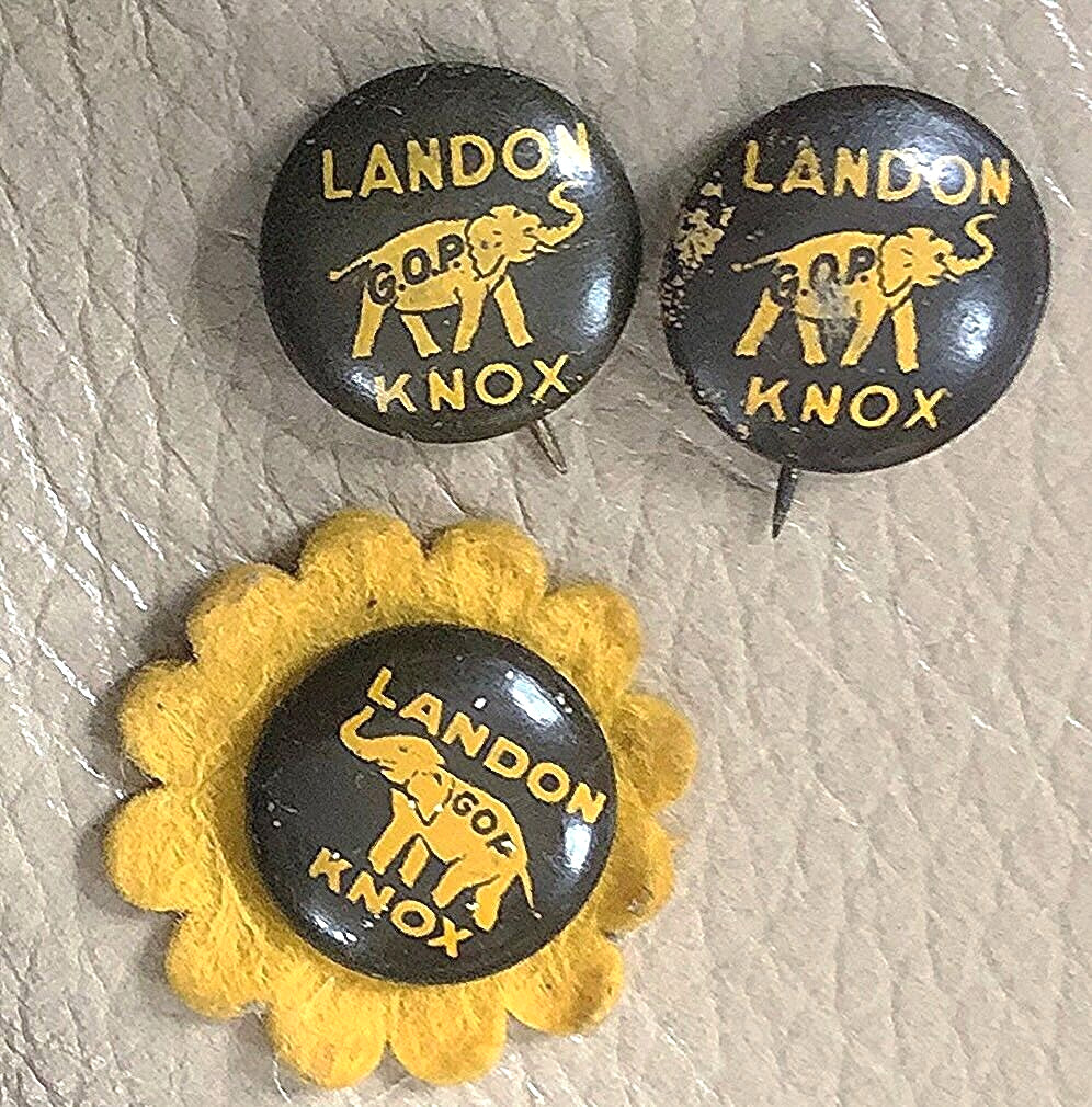 3 Political Pins: 1936 Alfred LANDON Frank KNOX; 1 w/ Sunflower Felt Backing