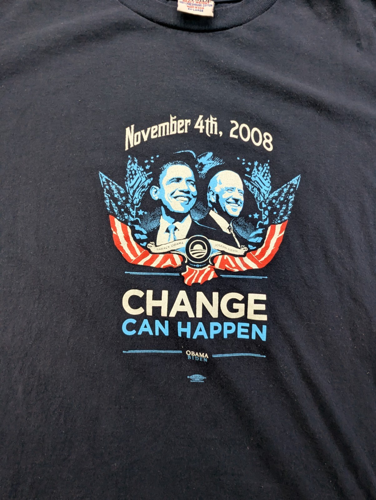 OBAMA BIDEN 2008 Campaign Shirt Bayside Rap Tee Style Dark Blue Size XXL FLAWS