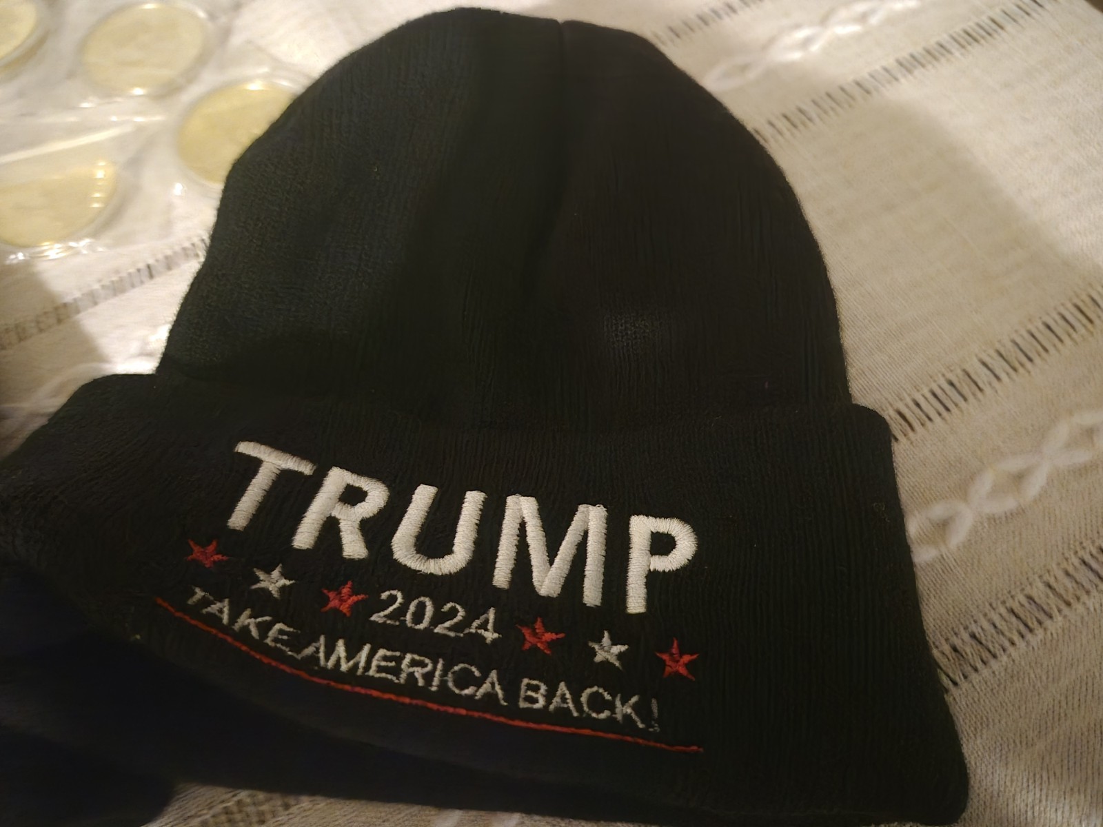 2 Trump 2024 Take America Back Hats w/ Zinc Alloy Coins & Pen, Memerobilia
