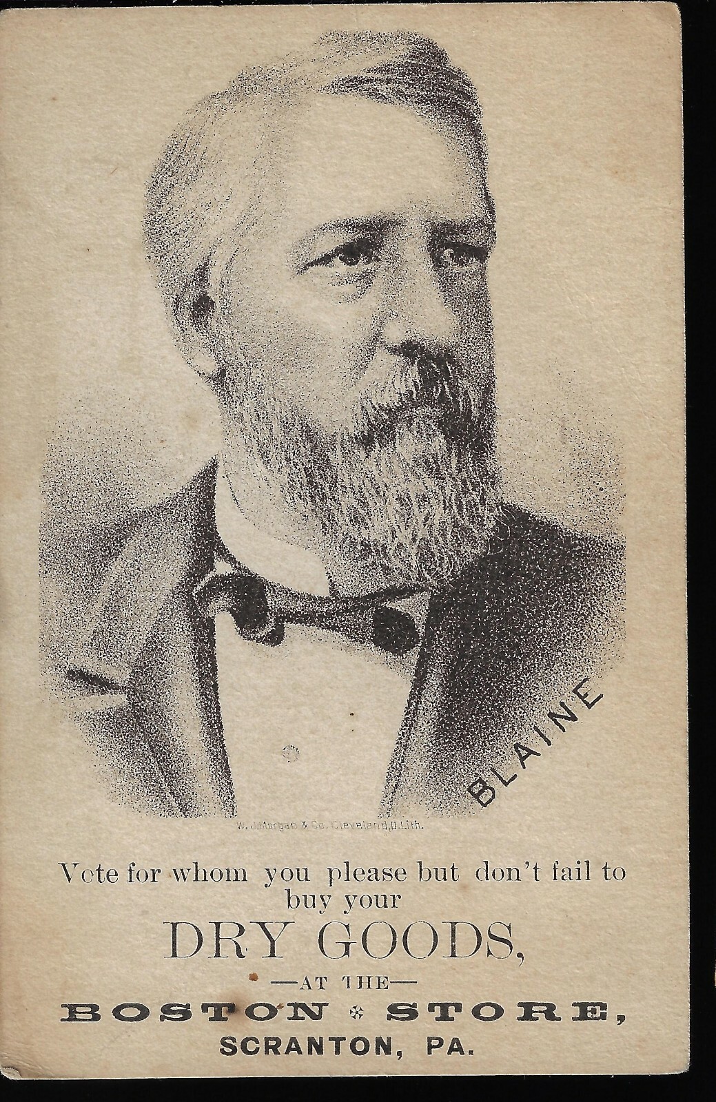 1884 Scranton PA Trade Card James Blaine Dry Goods Boston Store J W Morgan Litho