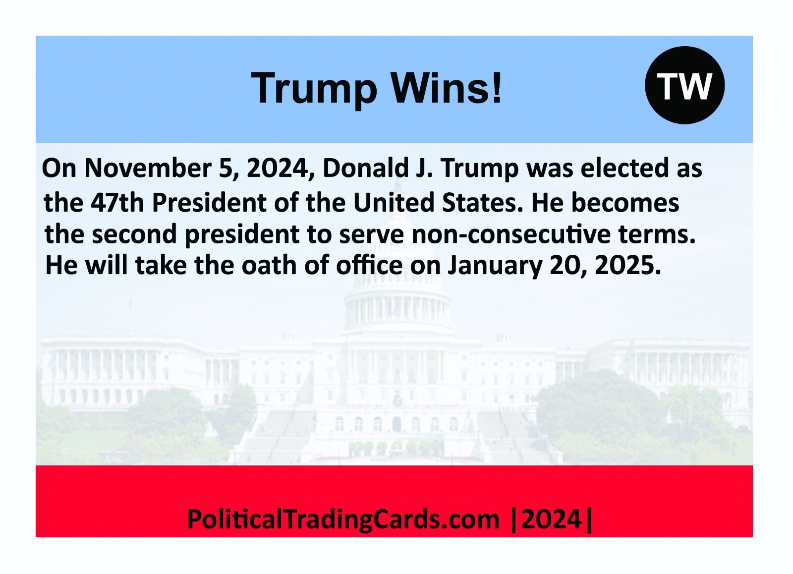 Trump Wins! 2024 Political Trading Card – 47th President