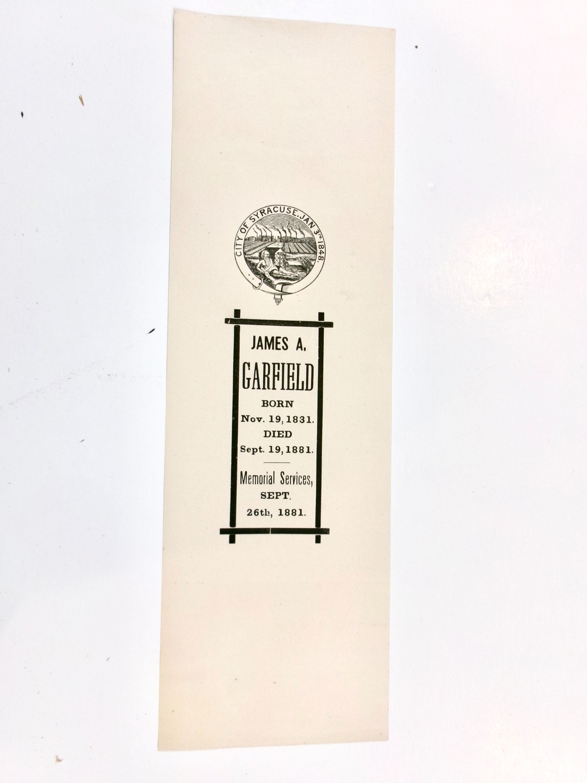 1881 President James A. Garfield Paper Memorial Ribbon for Syracuse Service