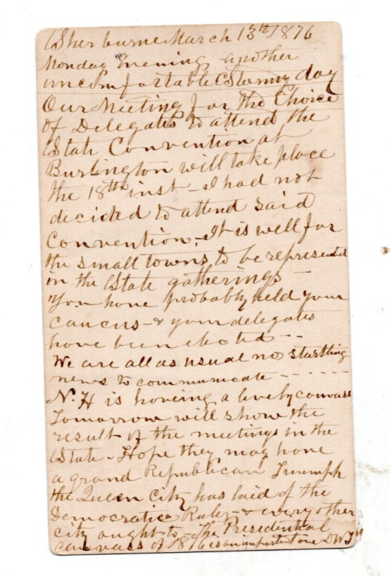 PRIMARY ELECTIONS CANVASSING 1876 VERMONT AND NEW HAMPSHIRE, MESSAGE TO W TAYLOR