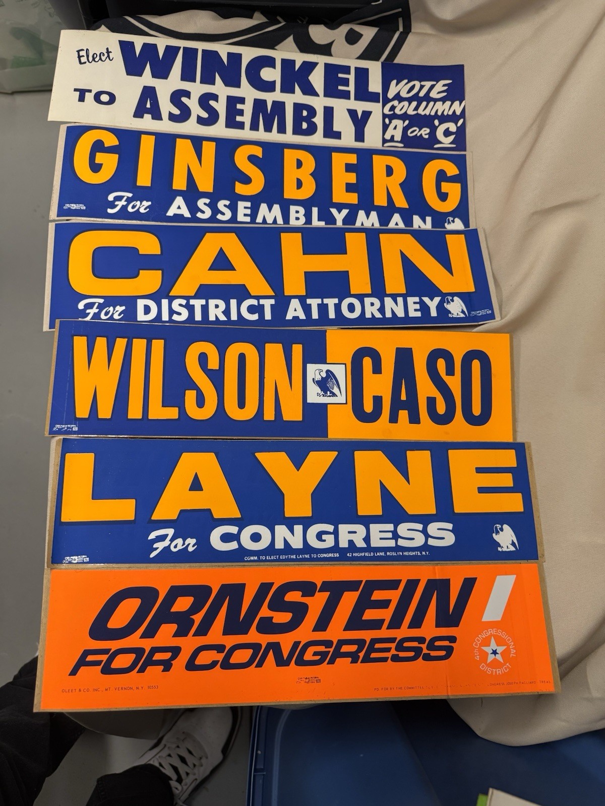 Vintage ’60s – ’80s Political Bumper Stickers Unused-set of 6 LI Local Elections