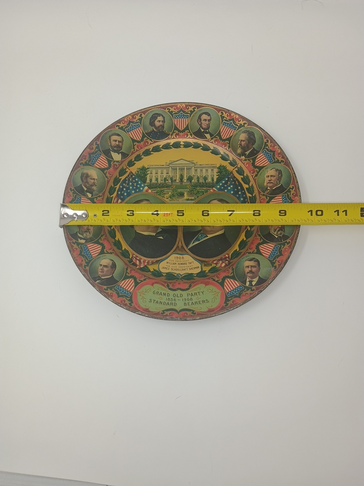 antique political 1908 tin plate Republican Wm Taft and James Sherman original