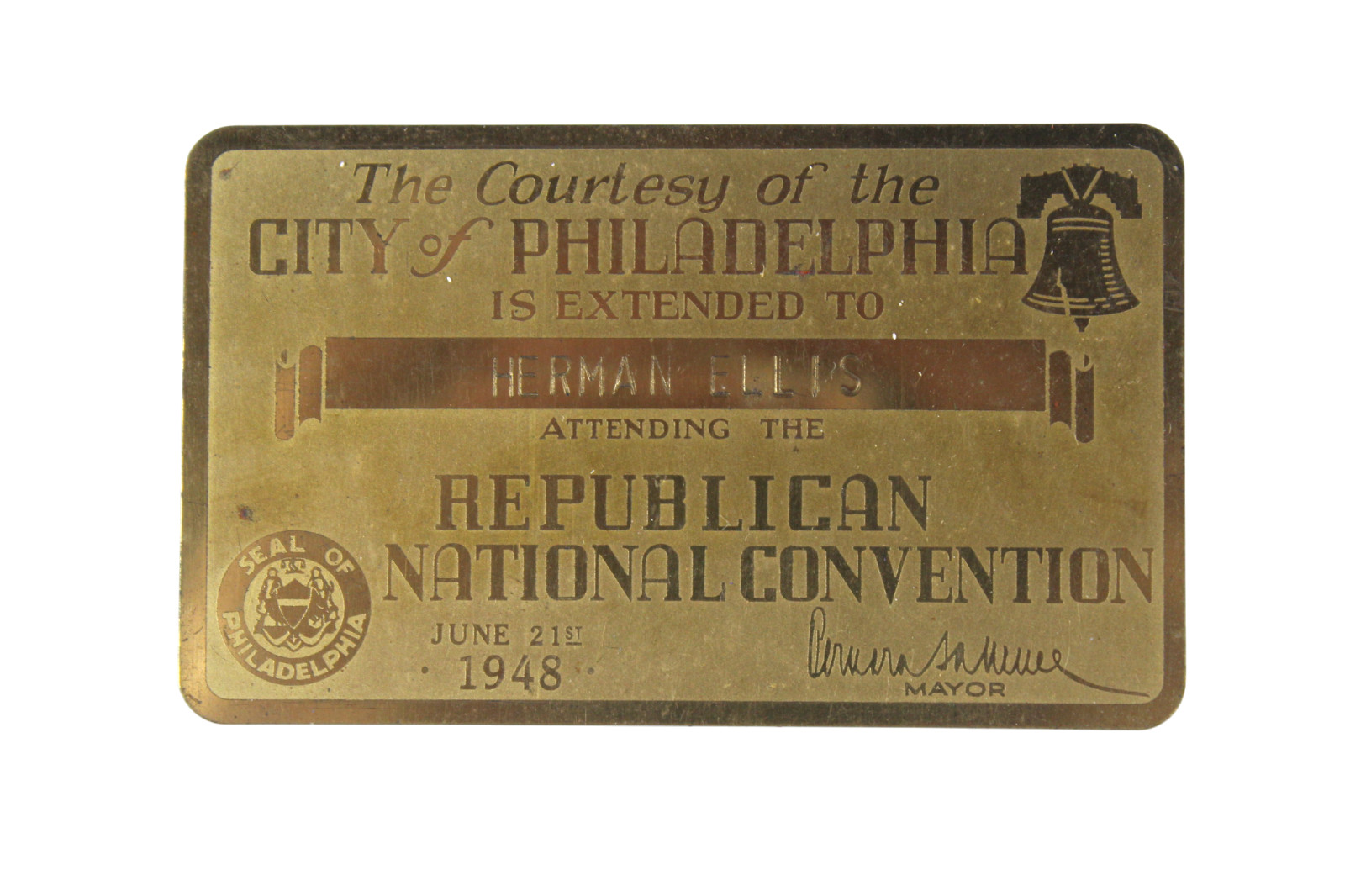Vintage 1948 Philadelphia Republican National Convention Herman Ellis Brass Card