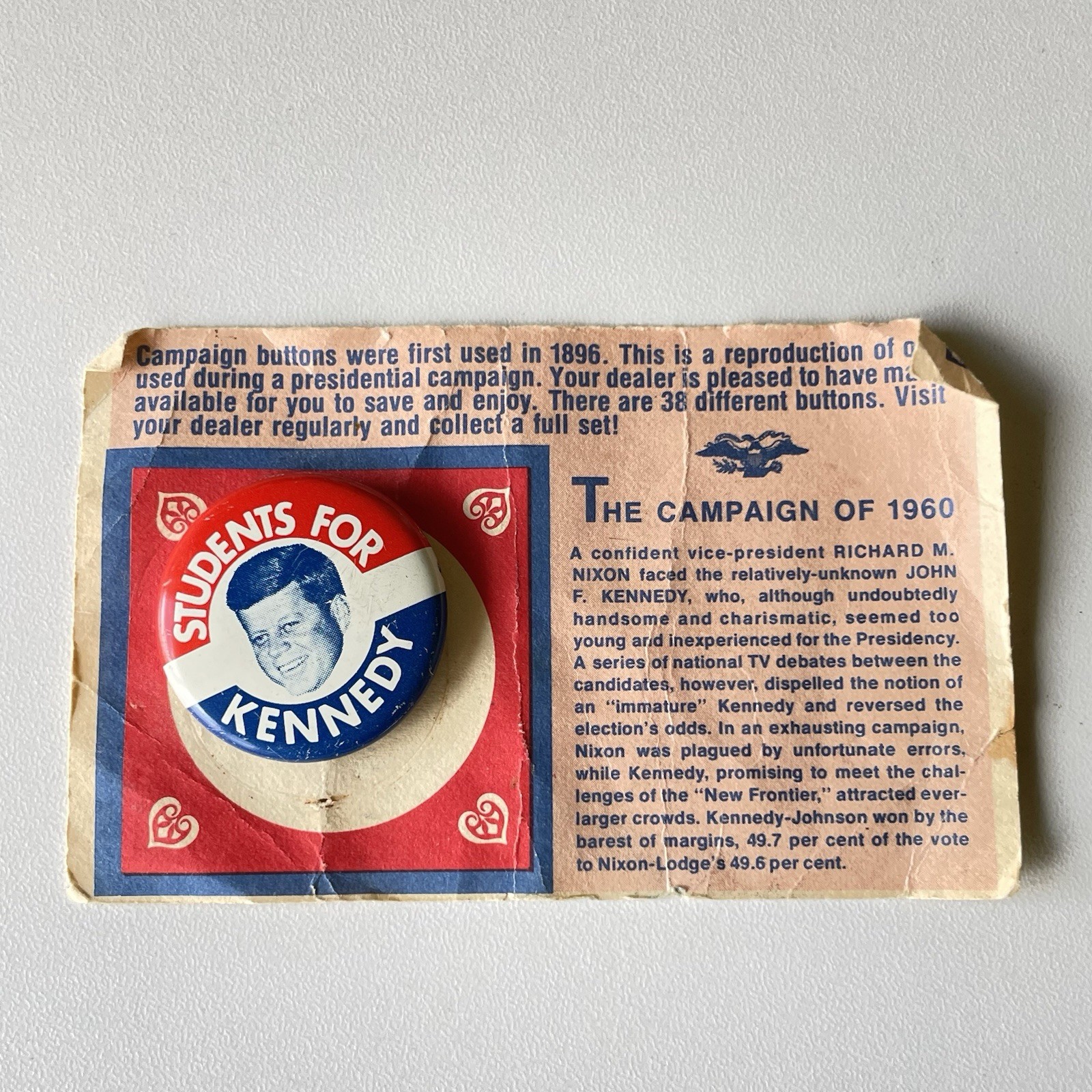 Vintage Hats Off To The Past Students For Kennedy Campaign Pin And Card