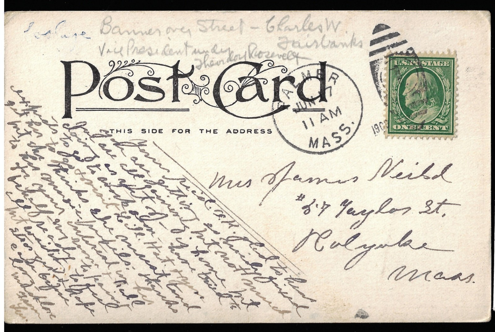 1904 Roosevelt Fairbank Campaign Street Banner Springfield MA Postcard Palmer PM