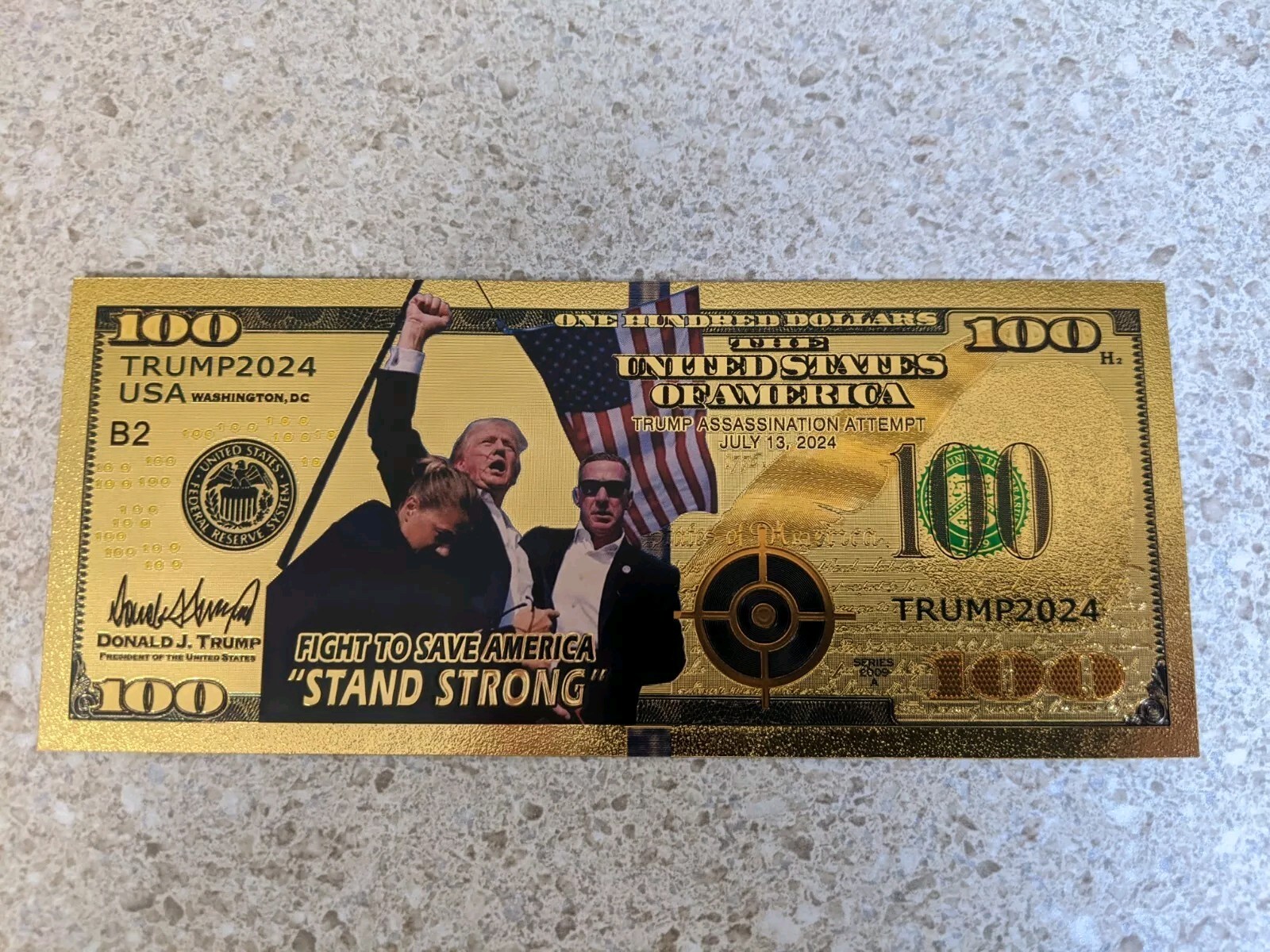 Trump 2024 Assassination Attempt Shooting $100 Dollar Bill Gold Foil MAGA