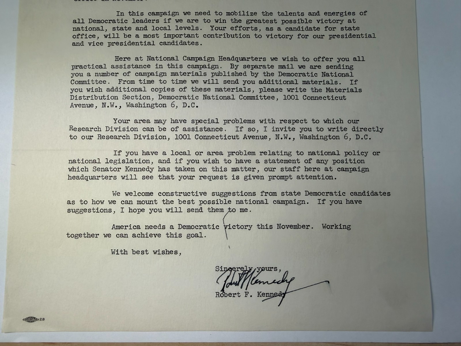 JFK John F Kennedy 1960 Presidential Campaign Letter “Signed” by Robert Kennedy