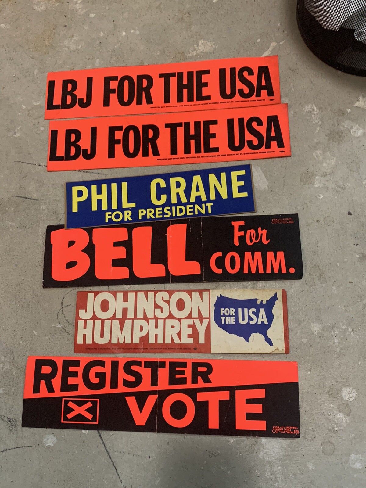 VINTAGE election Stickers BUMPER STRIP 1964 JOHNSON HUMPHREY CRANE BELL VOTE