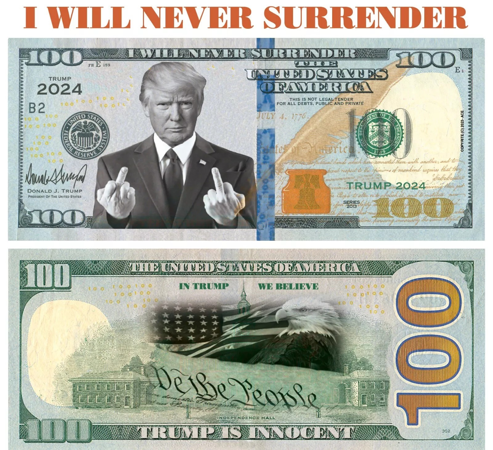 TRUMP I WILL NEVER SURRENDER 2024 Dollar Bills Funny Money (SHIPS FROM USA)