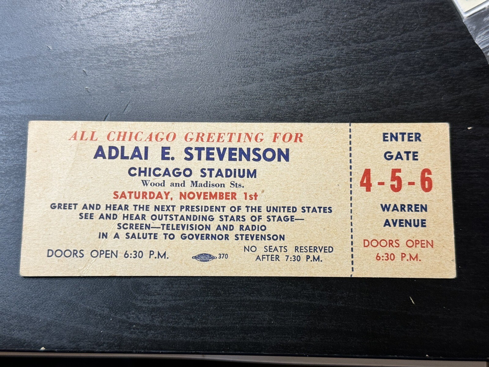 1952 Gov. Adlai E. Stevenson For President Rally Chicago Greetings Unused Ticket