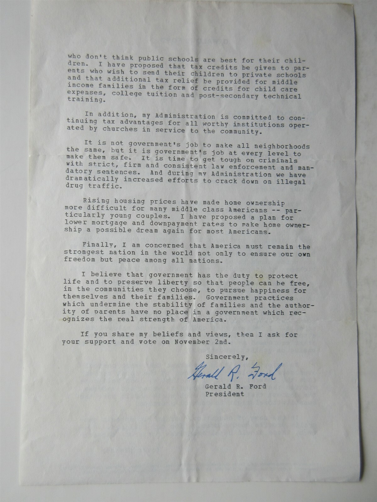 Gerald Ford Campaign Letter 1976 Requesting Your Vote