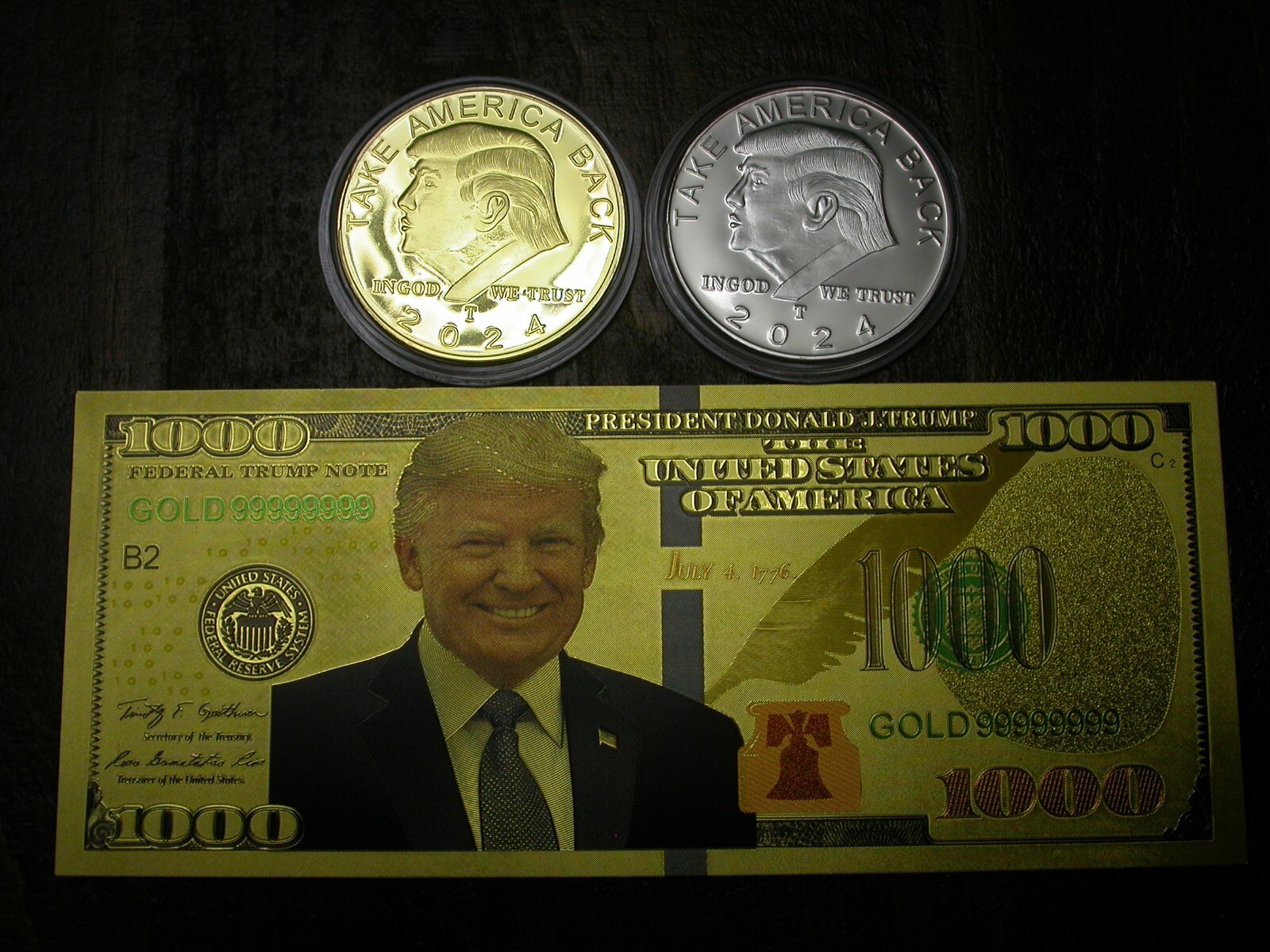 2024 President Donald Trump Commemorative Coins & Note-24K Gold & Silver Plated!