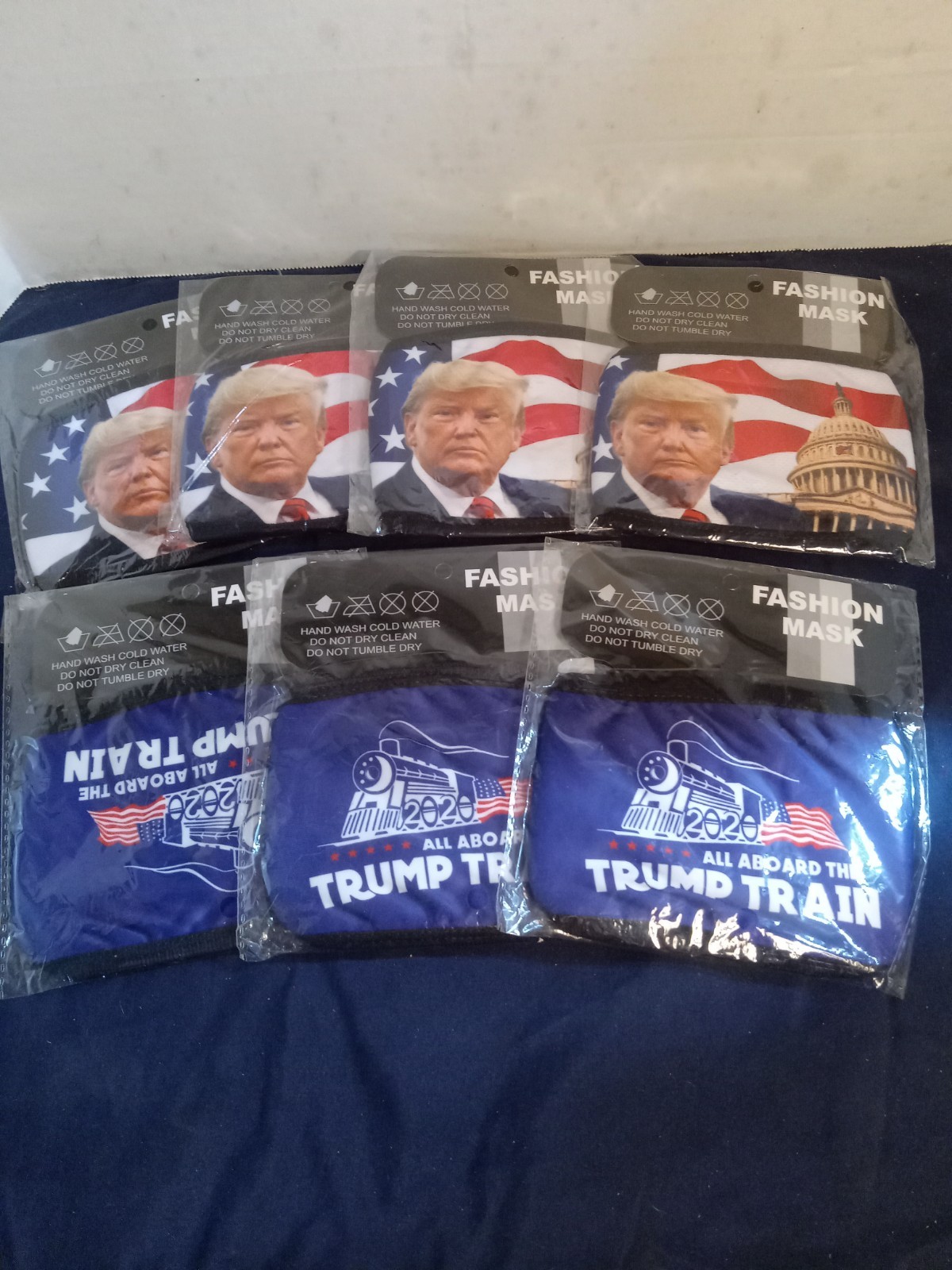 Lot Of 7~ Brand New Trump Fashion Face Masks~ 4 w/ Capitol Building & 3 w/ Train