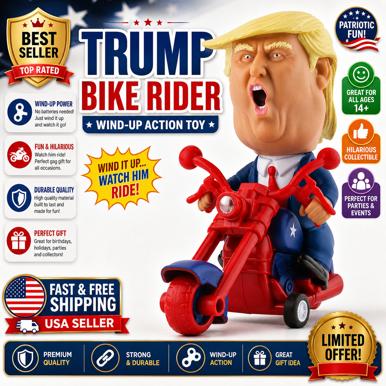 President Donald Trump 2024 Toy Figure Riding Motorcycle Funny Rev