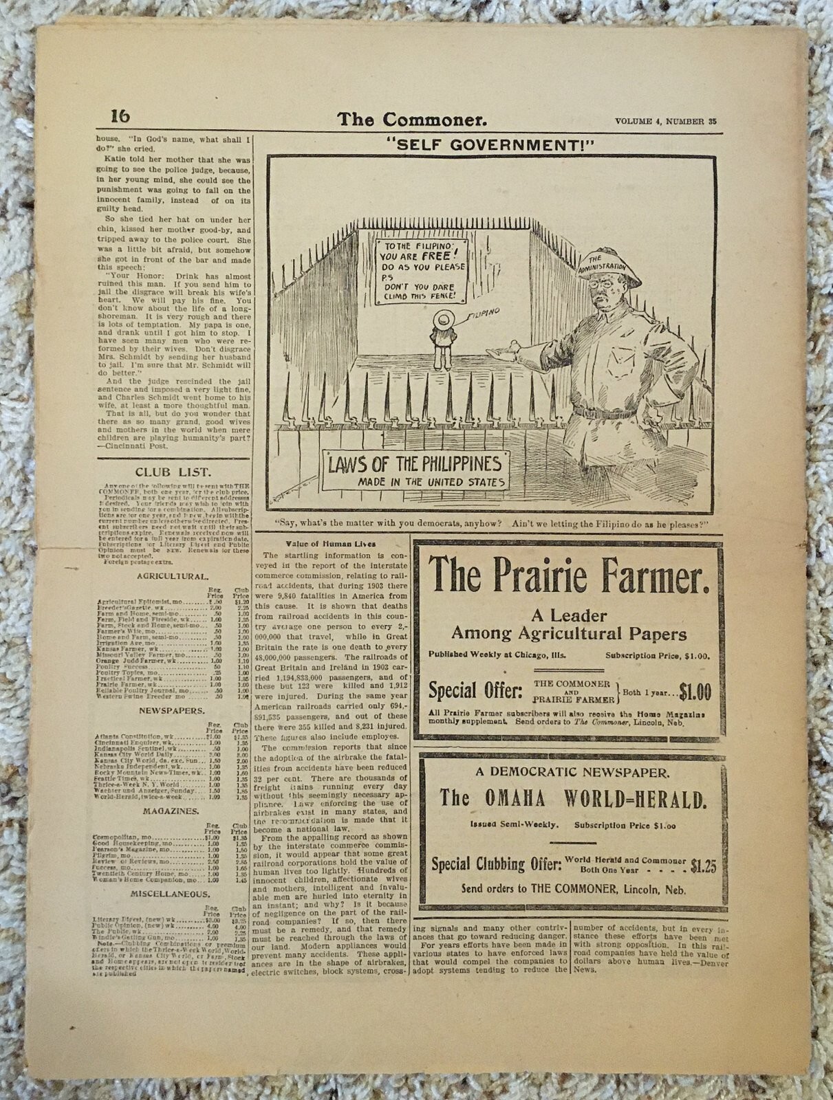 WILLIAM J BRYAN 1904 ANTI-TEDDY ROOSEVELT CAMPAIGN PUBLICATION “THE COMMONER”