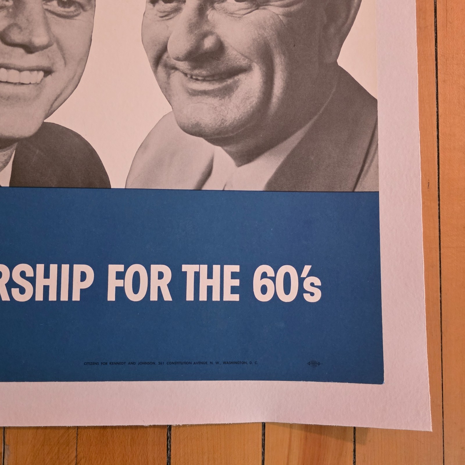 Original JOHN F KENNEDY Lyndon Johnson LEADERSHIP For 60s CAMPAIGN POSTER 13×18″