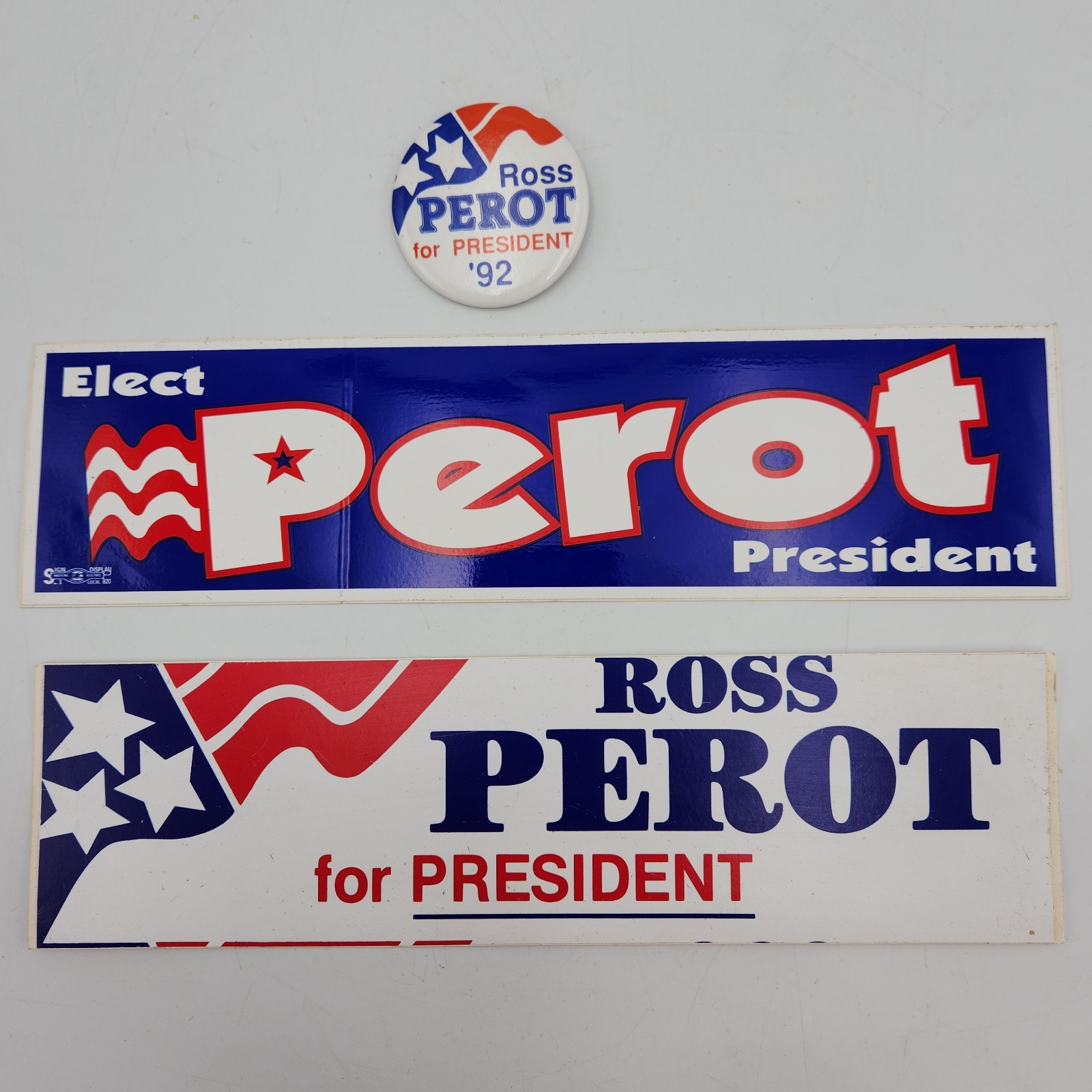 Official 1992 Ross Perot For President 2 Bumper Stickers And 1 Button