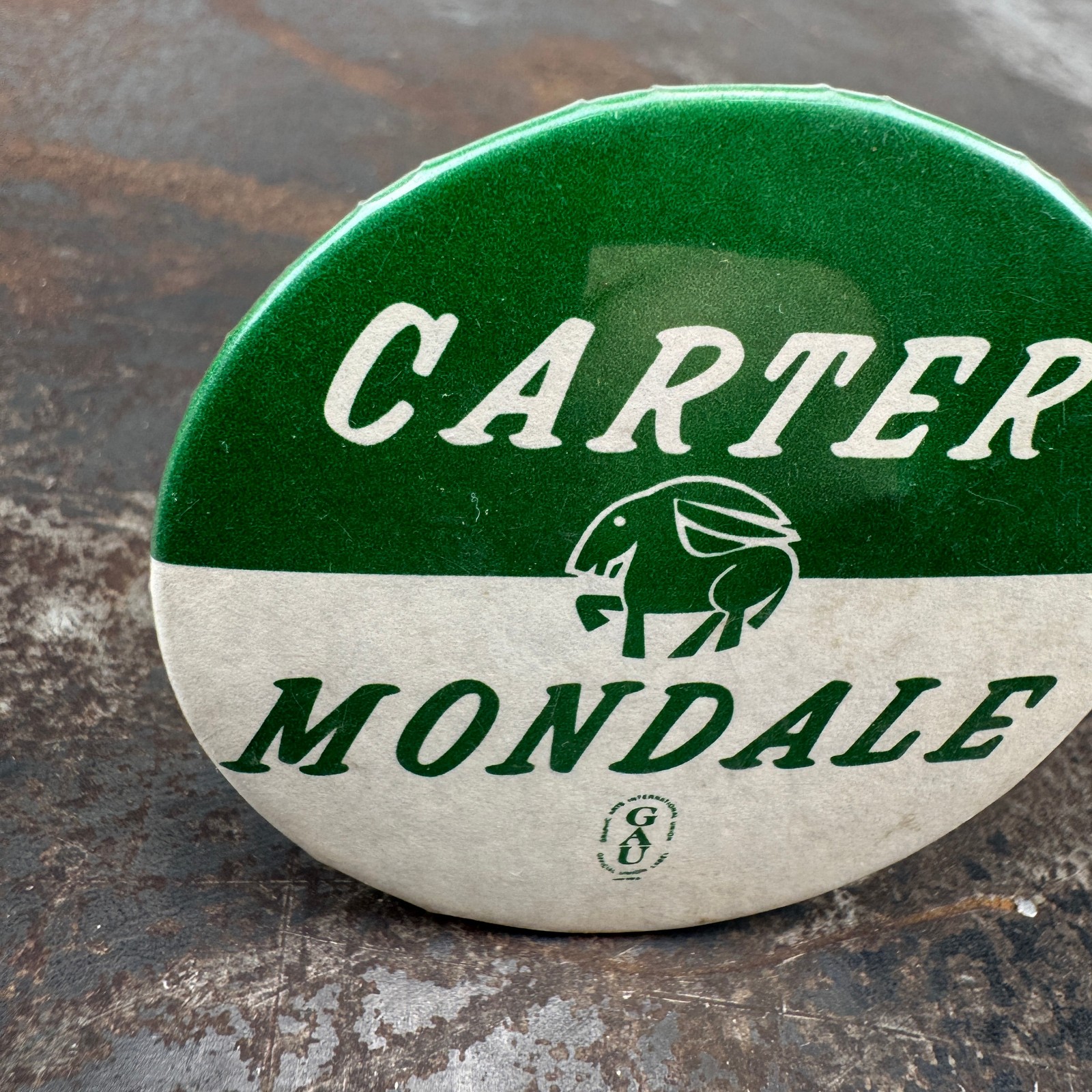 Vtg JIMMY CARTER / WALTER MONDALE 1976 Presidential Campaign Button GREEN GAU