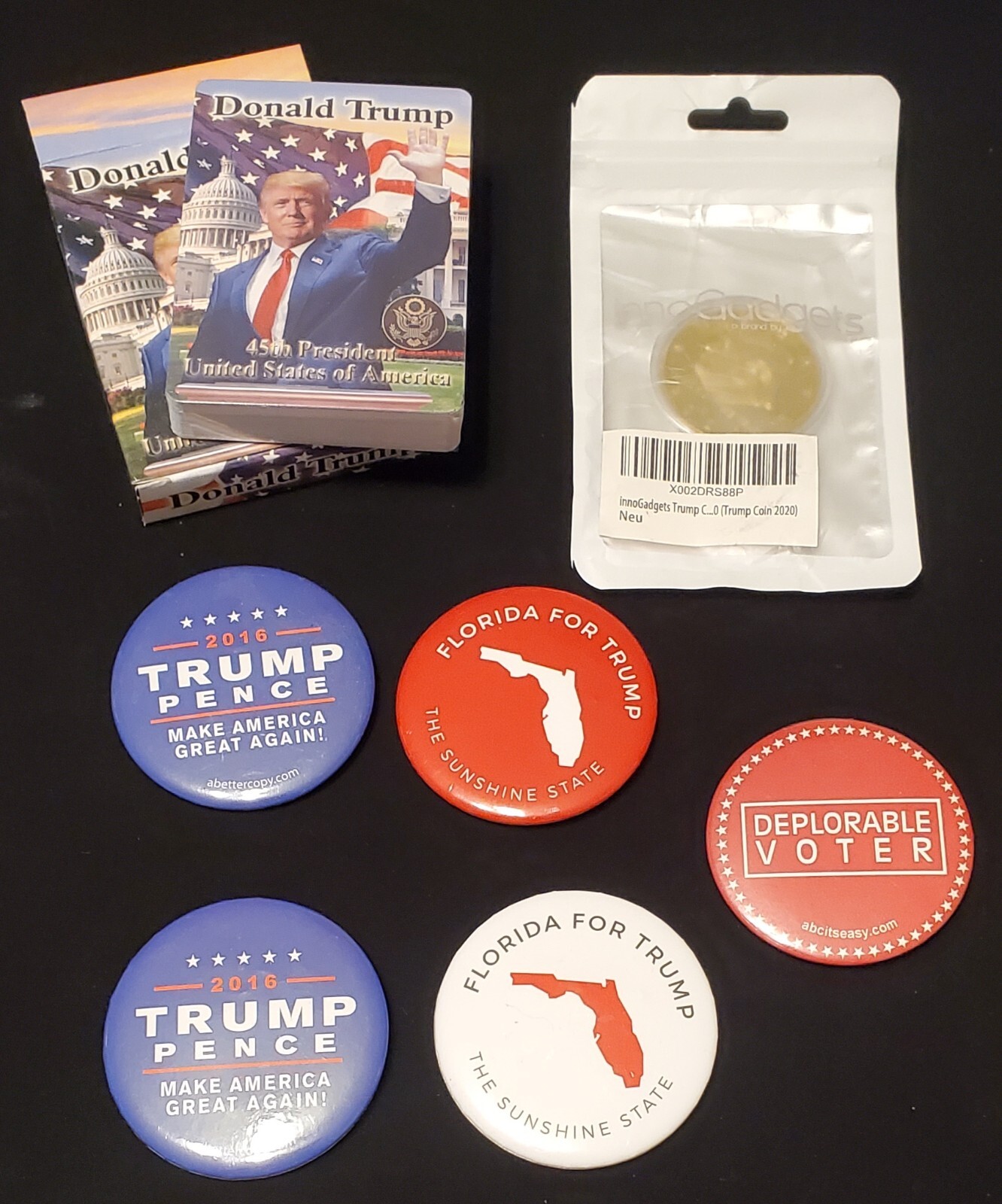 LOT Trump Merch (5) Pins Buttons + SEALED Playing Cards + Collectible Coin 2016